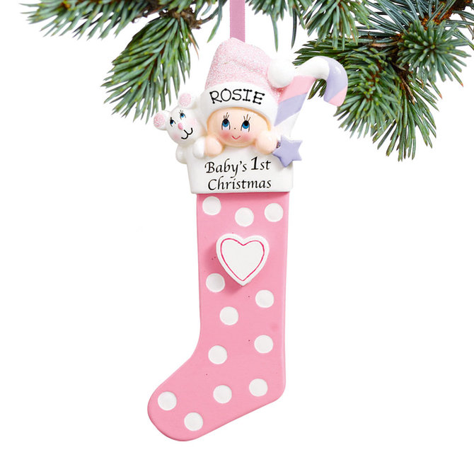 Personalized Baby's First Christmas Stocking Pink Christmas Ornament